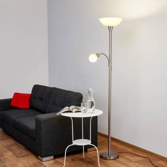 vloerlamp Elaina, 180 cm, nikkelkleurig, leeslampje mat nikkel, wit albast, wit opaal