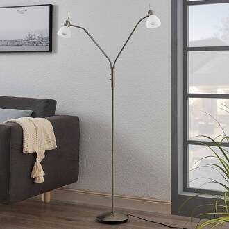 vloerlamp Gwendolin, 160 cm, nikkelkleurig, 2-lamps. albast wit, nikkel gesatineerd