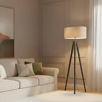 vloerlamp Herry, zwart, hout, driepoot, 153 cm zwart, wit