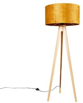 Vloerlamp hout met stoffen kap goud 50 cm - Tripod Classic