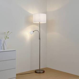 vloerlamp Jaileen, wit, textiel, 170 cm, leeslampje wit, grijs
