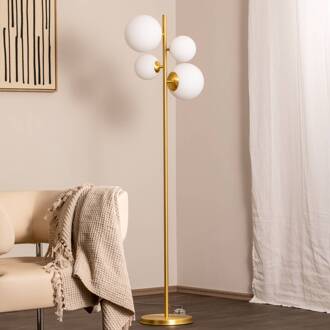 Vloerlamp Joel, messing/wit, 4-lamps geborsteld messing, wit mat