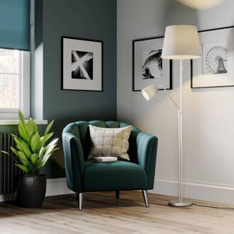 Vloerlamp Lindby Nantwin, 175 cm, grijs, nikkel, textiel grijs, nikkel satijn