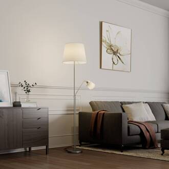 Vloerlamp Lindby Nantwin, 175 cm, wit, nikkel, textiel wit, nikkel gesatineerd