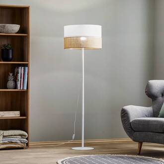 Vloerlamp Linobianco, kap van stof en jute wit, bruin