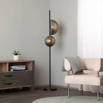 Vloerlamp LM-9113-2BSY, zwart, metaal, 180 cm hoog, E14 zwart, antiek goud, wit gesatineerd