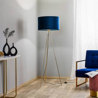 Vloerlamp Monaco, driepoot goud, blauw fluweel blauw, goud