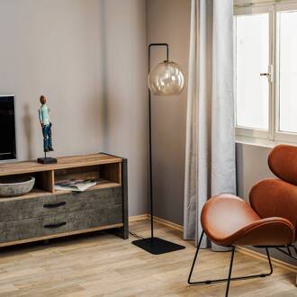 Vloerlamp Monaco met kap van glazen bol rookgrijs, zwart