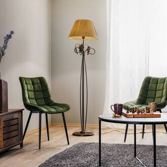 Vloerlamp Quercia, stoffen kap en eikenbladeren crèmewit, antiek brons, groen