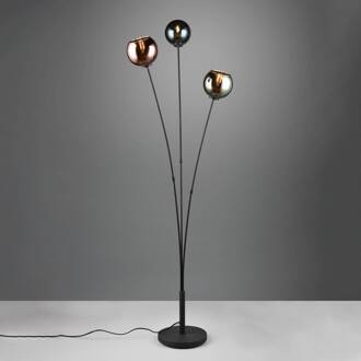Vloerlamp Sheldon met drie glas-bolkappen zwart, blauw, groen, koper