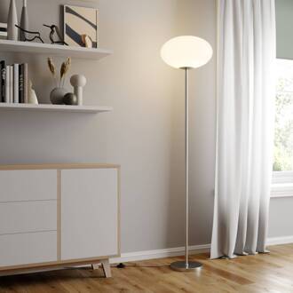 Vloerlamp Sonika, 175 cm, nikkelkleurig, glas, E27 satijn nikkel, opaal wit