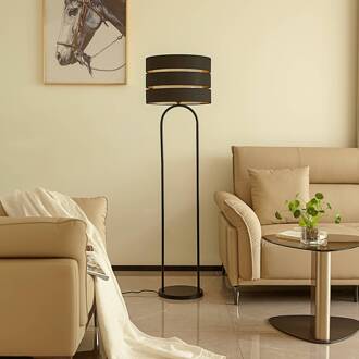 vloerlamp Tsomo, Ø 40 cm, zwart, stof, E27 zwart, goud