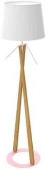 Vloerlamp Zazou LS, textiel-kap, roze lamphouder wit, hout licht, roze
