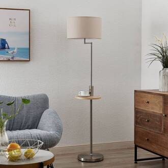 vloerlamp Zinia, nikkelkleurig, plank, USB-aansluiting nikkel satijn, beige, licht hout