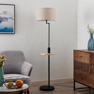 vloerlamp Zinia, zwart, plank, USB-aansluiting mat zwart, beige, licht hout