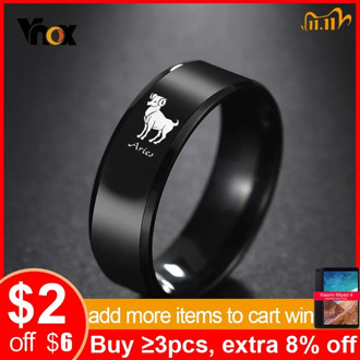 Vnox 12 Horoscope Engraved Black Stainless Steel Rings for Men 8mm Classic Male Wedding Band Twelve Constellation Alliance