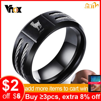 Vnox 12 Horoscope Ring for Men Black Stainless Steel Twisted Wia Insert Tough Man Anel Aries Leo Constellation Wedding Band
