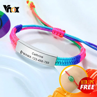 Vnox Adjustable Customize Name Emergency Contact Bracelets for Kids Baby Handmade Braided Rainbow Colorful Rope Girls Boy Bangle