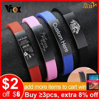 Vnox Adjustable Silicone Custom ID Bracelets for Kids Girls Boys Stainless Steel Bar Comfort Wear Soft Rubber Women Men Bangle