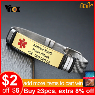 Vnox Adjustable Unisex Medical Free Personalize ID Bracelets for Women Men Stainless Steel Mesh Band Customize Type 2 Diabetes