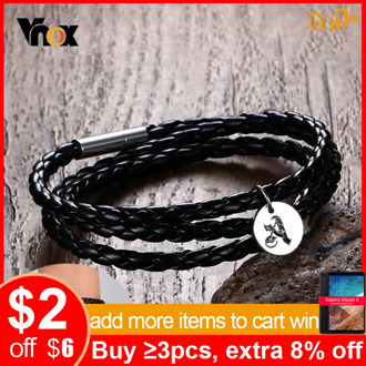 Vnox Casual Multi-Layers Braided Leather Rope Wrap Bracelets for Men Women Custom Engrave Stainless Steel Coin Tag Jewelry