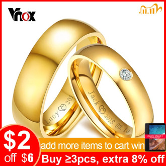 Vnox Classic Wedding Rings for Women Men Gold Color Stainless Steel Couple Band Anniversary Personalized Name Lovers Gift