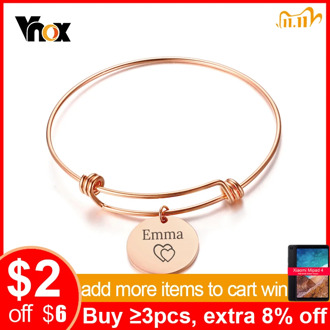 Vnox Coin Charm Expendable Bangle Bracelet Free Custom Engraving Name Love Stainless Steel Best Friendship Personalized Gift