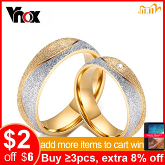 Vnox couple engagement ring for women men sand blasted gold color stainless steel CZ wedding rings Personalized jewelry