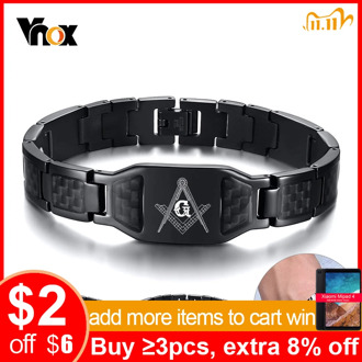 Vnox Custom Free of Mason Bracelet for Men Black Carbon Fiber Stainless Steel Mansonic Jewelry Punk Male Club Bandge Personalize