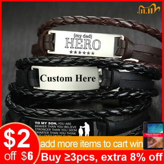 Vnox Custom Leather Bracelets for Men Personalize ID Tag Bar Layered Leather Bangle Gents Wristband