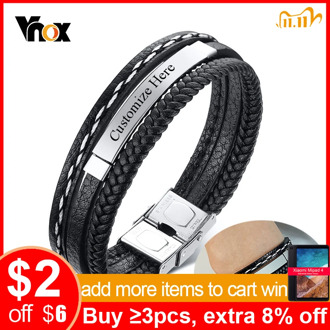 Vnox Custom Logo Name Quote Engrave Multi-layer Leather Bracelets for Men Stainless Steel ID Bangle Personalize Jewelry