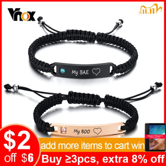 Vnox Custom Personalize Engrave ID Name Date Love Promise Couple Bracelets for Women Men Handmade Braided Rope Gifts Jewelry