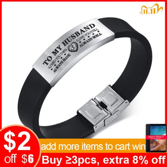 Vnox Custom TO HUSBAND Bracelets for Men Black Silicone Wrist Band with Stainless Steel Tag Valentine's Day Gift for Him