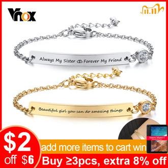 Vnox Custom Women Bracelet Stainless Steel Link Chain with AAA CZ Stone Heart Charm Adjustable Elegant Party Name Jewelry