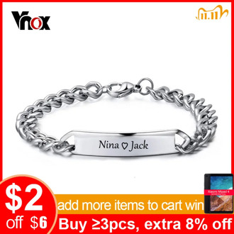 Vnox Customize Engrave ID Bar Bracelet for Men Stainless Steel Classic Simple Personalize Name Info Male Jewelry Gift