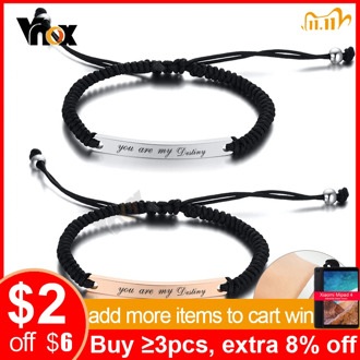 Vnox Customize Engrave Nameplate Braided Couple Bracelets for Women Men Stainless Steel ID Tag Bar For Lover Valentines Day