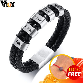 Vnox Customize Family BFF Names Men Bracelet Layered Black Genuine Leather Bangle Casual Gents Jewelry Meaningful Fraternal Gift