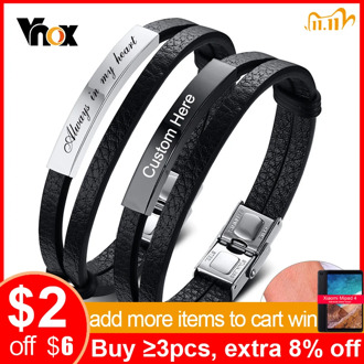 Vnox Customize Leather Bracelets for Men Layered Stainless Steel ID Bangle Casual Wristband Personalized Gift to Him Husband