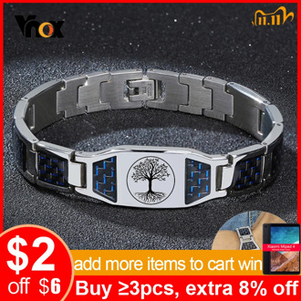 Vnox Customized Carbon Fiber Men's Bracelet Glossy Stainless Steel Link Chain Chunky Wristband Punk Male Jewelry
