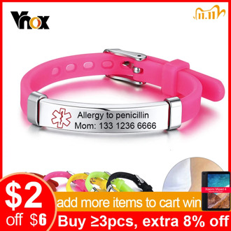 Vnox Customized Kids Medical Alert ID Bracelets for Boys Girls Anti Allergy Stainless Steel Silicone Personalize Emergency Info.