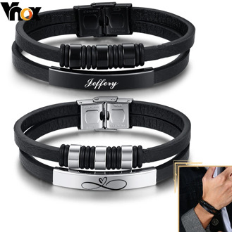 Vnox Customized Leather Bracelets for Men Black Beads Charm Bangle Layered PU Wristband Casual Male Jewelry Meaningful Xmas Gift