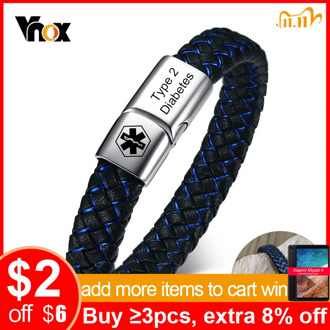 Vnox Customized Medical Men's ID Bracelet Braided Leather Bangle with Clasp Diabetes COPD Alzheimer Personalized Jewelry