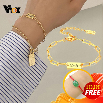 Vnox Elegant Customized Name Initial Women Bracelet Gold Tone Solid Stainless Steel Lara Rectangle Link Chain with K18 Stamp