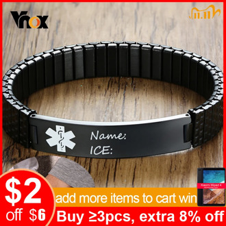 Vnox Free Custom Engrave Stainless Steel Medical Alert ID Stretch Anti Allergy Bracelets for Men Women Unisex SOS Jewelry
