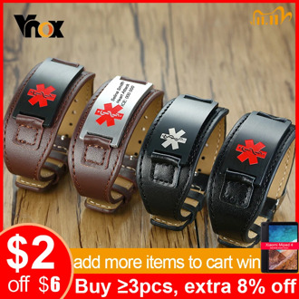 Vnox Free Custom Men ID Wristband Genuine Leather Bracelets with Stainless Steel Medical Bar
