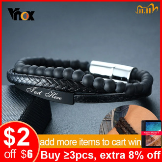 Vnox Free Custom Men's Genuine Leather Bracelets Multi-layer Personalize Info Wrap Bangle Gifts for Him Accessories