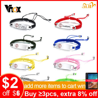 Vnox Free Engrave Medical Bracelets for Girl Boy Handmade Braided Rope Stainless Steel ID Tag Reminder Kids Children Gifts