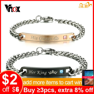 VNOX Free Engraved DIY His Queen Her King Couple ID Bracelet for Women Men CZ Stones Lover Crown Charm Link Chain Jewelry