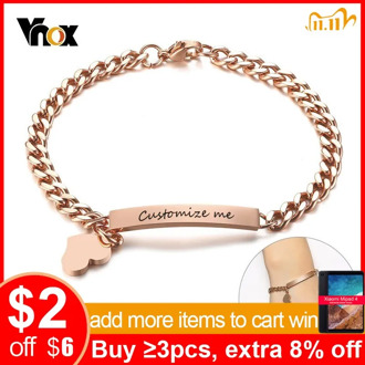 Vnox Free Engraving Custom Bracelets for Women Girl 585 Rose Gold Stainless Steel Elegant Female Jewels Personalize Gift for Her