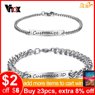 Vnox Free Engraving Customized Couple Promise Bracelet Stainless Steel Charm ID Bracelets for Women Men Personalized Pulseira